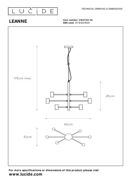 Lucide LEANNE - Hanglamp - 6xE27 - Zwart - technisch